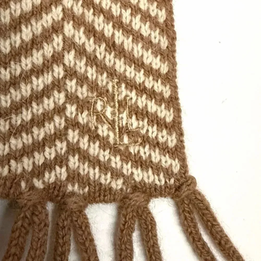 Lauren Ralph Lauren Wool Herringbone Scarf Tan Beige With Fridges Men's Women's